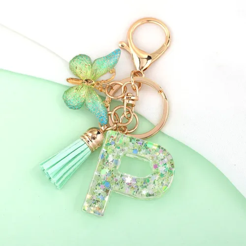 Vista 2 de Fashion Alphabet Initial Letter Keychain Tassel Butterfly Pendant Key Ring for Purse Handbags Women Girl