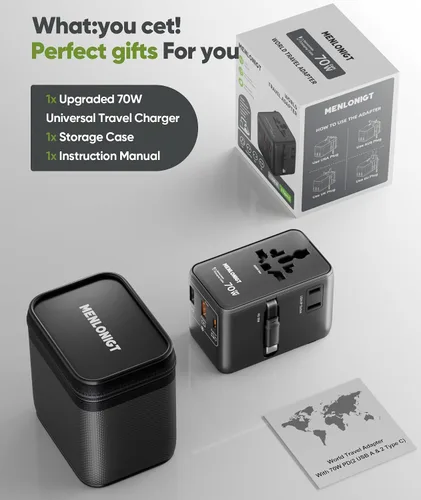 Vista 9 de Adaptador de viaje universal GaN de 70 W con cable USB-C retráctil, cargador de pared rápido para MacBook Pro/Air, portátiles, enchufe internacional