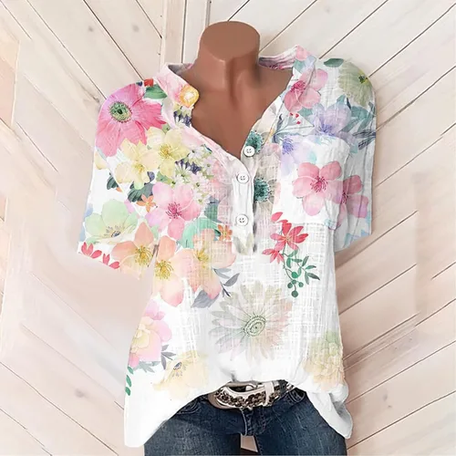 Vista 6 de Blusas de verano para mujer, cuello en V, ajuste holgado, cómodas, de algodón, lino, estampado floral, blusas a la moda 2023