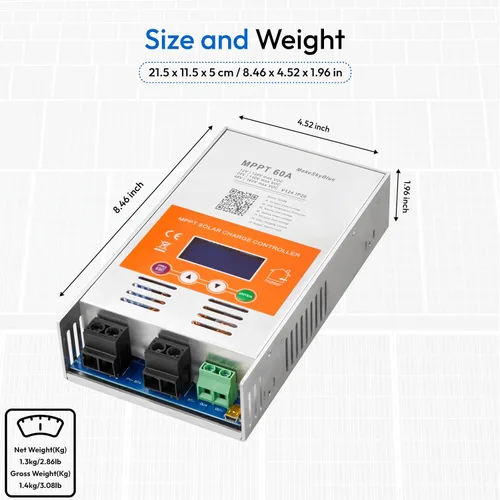 Vista 8 de 60A Controlador de carga solar MPPT V124 – Actualizado, detección automática de 12V/24V/48V, compatible con baterías de plomo-ácido y litio, entrada