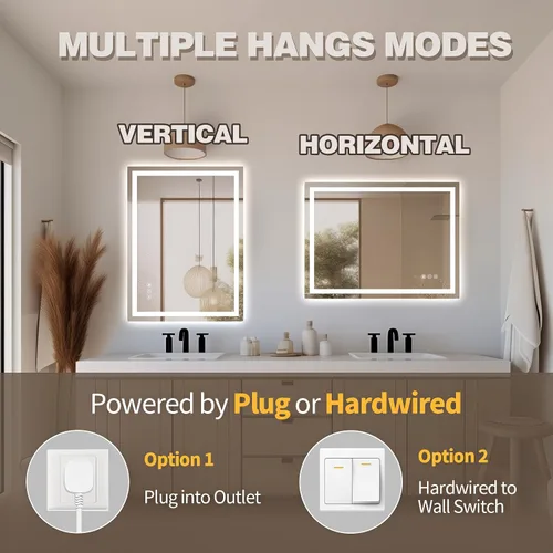 Vista 6 de Espejo de baño LED de 32 x 24 pulgadas con luces, espejo de tocador de baño iluminado frontal y retroiluminado para pared, espejo de maquillaje LED