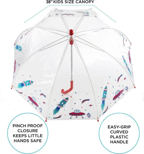 Vista 2 de totes Paraguas de burbujas transparente para niños con mango de fácil agarre, Aventura Cósmica, Paraguas de burbujas transparente con mango de fácil