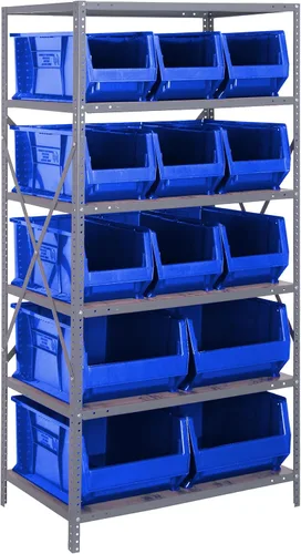 Vista 185 de Quantum QSBU-245BK Heavy Duty Shelving Unit with (7) Shelves and (24) QUS245 Black Bins for Garage Warehouse Storage Distribution 400 lb Load