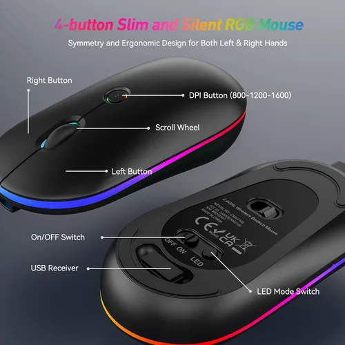 Vista 8 de Combo de teclado y mouse inalámbricos con retroiluminación, teclado ergonómico de tamaño completo 2.4G con letras iluminadas, mouse RGB recargable