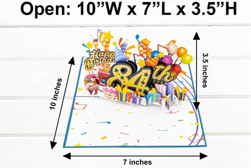 Vista 3 de iGifts And Cards Tarjeta desplegable 3D de feliz cumpleaños 84 – Diseño azul con números de purpurina, globos, pasteles y regalos – Tarjeta