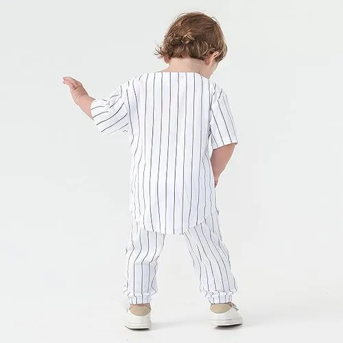 Vista 4 de Kids White Stripe Baseball Sets Baby Boys Casual Sports Top Short Sleeve Jersey and Pants Girls Summer Outfits