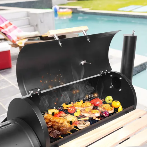 Vista 5 de Outvita Parrilla de carbón y ahumador offset, cocina de barbacoa de patio al aire libre con ruedas, horno portátil para barbacoa en el patio trasero