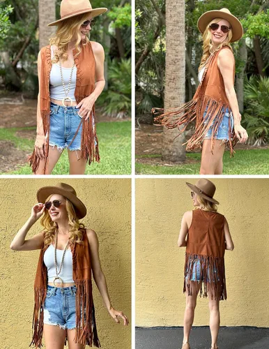 Vista 2 de HOTOUCH Women Fringe Vest 70s Hippie Costume Faux Suede Sleeveless Tassels Cardigan Cowgirl Western Tops