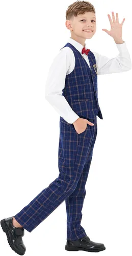 Vista 7 de Conjunto de chaleco y pantalones para niños, vestido a cuadros con camisa, esmoquin formal para boda, traje de portador de anillo de boda, Azul