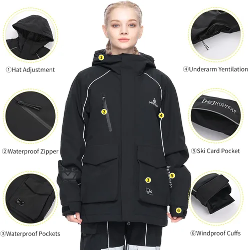 Vista 4 de Chaqueta de esquí para snowboard, nieve, invierno, impermeable, aislada, resistente al viento, holgada, cálida con capucha para hombres y mujeres