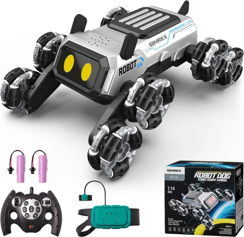 Vista 9 de SIMREX Robot Perro RC Coche de Acrobacias Juguetes - Coche de control remoto con detección de gestos con ruedas Mecanum, ojos LED, 3 efectos