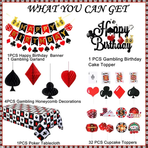 Vista 2 de 58 decoraciones de fiesta de póquer de casino, guirnalda de pancarta de cumpleaños con temática de póquer, globos de aluminio, pompones de nido