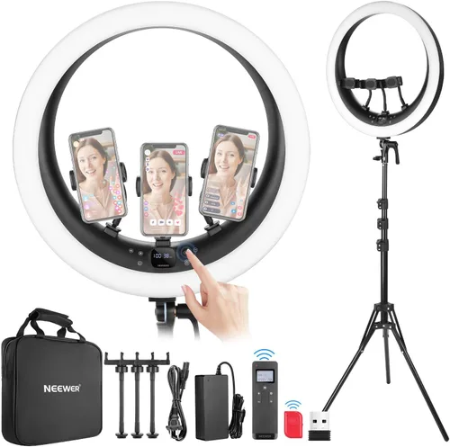 Vista 11 de NEEWER - Anillo de luz RGB LED de 19 pulgadas con soporte, 3 soportes para teléfono, panel táctil, control 2.4G/App, 42W CRI97+ 2800lux/0.5m 360°