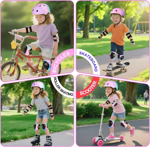 Vista 8 de Casco de bicicleta para niños de Banzk, para edades 3-5-8-14+, para niñas y niños, casco con rodilleras, coderas y muñequeras, ventilación