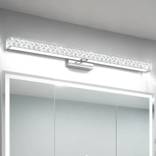 Vista 14 de SOLFART Lámpara de baño, accesorios de iluminación de tocador de cristal, luces LED modernas sobre espejo, lámpara de baño de 60 cm, cromada Luz