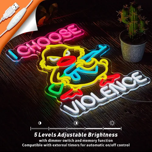 Vista 4 de Letrero de neón con texto en inglés "I Choose Violence Duck - Pistola de ganso con luz LED AK 47, decoración con USB, regulables, para pub, tienda