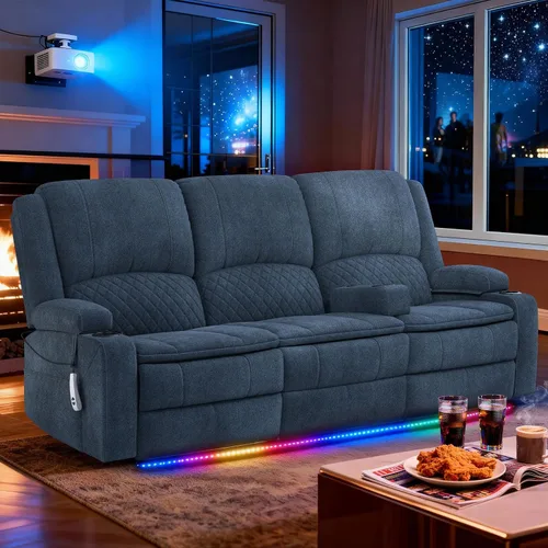 Vista 31 de Sofá reclinable de 3 plazas, sofá reclinable con consola elevable (terciopelo, gris)
