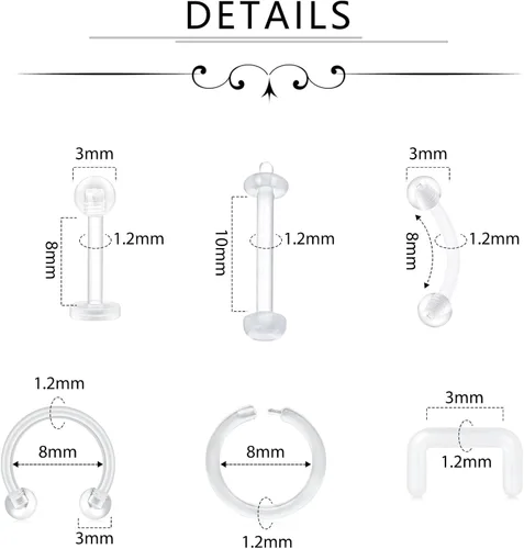 Vista 2 de D.Bella Retenedores de piercing transparentes de 16G para cartílago flexible para hélix, daith, rook, tragus, retenedor de aretes Bioflex, nariz