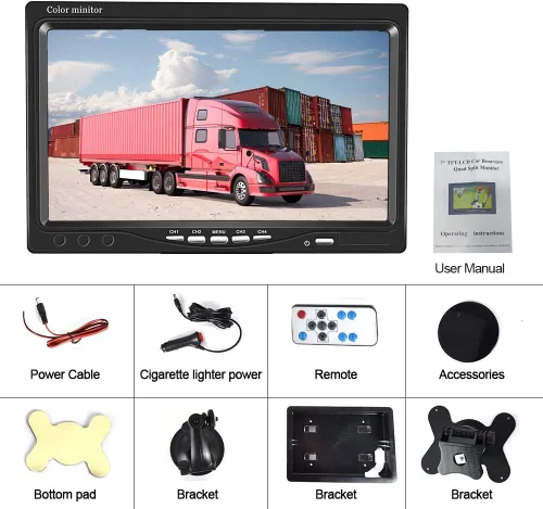 Vista 7 de Hikity Monitor de cámara de respaldo de vehículo de 7 pulgadas, pantalla LCD HD dividida cuádruple, monitor de automóvil para SUV, furgoneta, RV