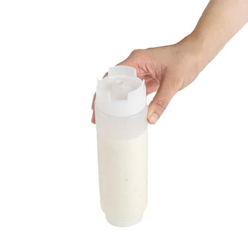 Vista 9 de Restaurantware Botella de presión invertida de plástico de 16oz. FIFO con tapas de recarga y dispensación - Primero en entrar, primero en salir