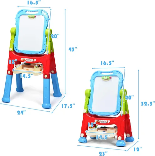 Vista 7 de Costzon Caballete de arte para niños, altura ajustable con rotación de 360°, tablero de dibujo de doble cara con pizarra y pizarra blanca, juego