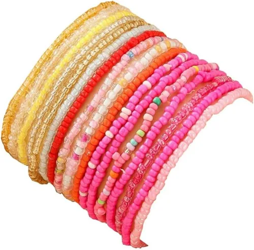 Vista 15 de Fuqimanman2020 18 piezas de pulseras apilables con cuentas estilo boho para mujer, conjunto de tobilleras de cuentas de arroz multicapas coloridas