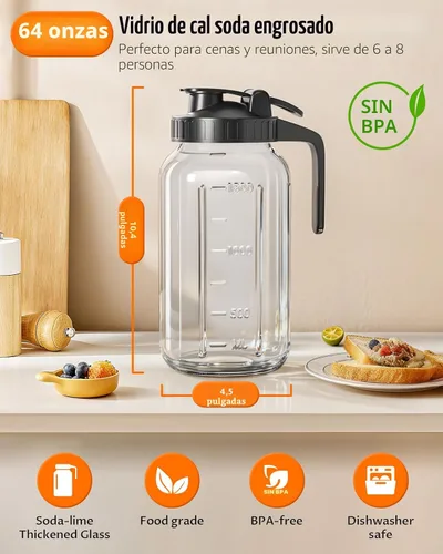 Vista 3 de Jarra Mason Jar de 64 onzas – Jarra de vidrio hermética y a prueba de fugas con tapa, perfecta para té helado, té solar, cerveza fría, leche