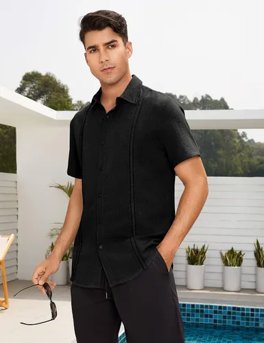 Vista 3 de LecGee Camisa de vestir de manga larga para hombre, estilo hippie, barroco, para fiesta, club, con botones, para hombre