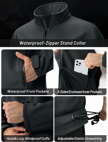 Vista 5 de ZITY Chaqueta Softshell Ligera para Hombre con Forro Polar Impermeable Chaqueta de Lluvia con Cremallera Carcasa Suave Cortavientos Rompevientos