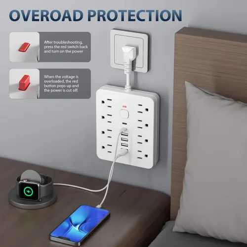 Vista 3 de Regleta de alimentación 14 en 1 con protección contra sobretensiones, interruptor de control de un solo toque, cable de extensión de montaje