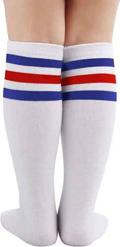 Vista 4 de BQUBO - Calcetines de fútbol para niños pequeños, calcetines de algodón a rayas hasta la rodilla, calcetines de tubo largo para niños y niñas de 3 a