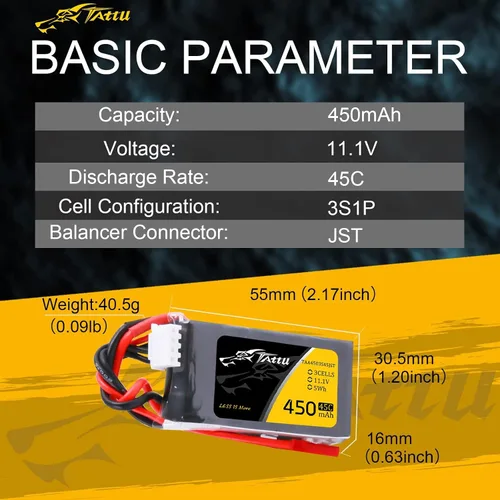 Vista 2 de TATTU Batería LiPo de 11.1V 450mAh 3S 45C con enchufe JST (2 piezas)
