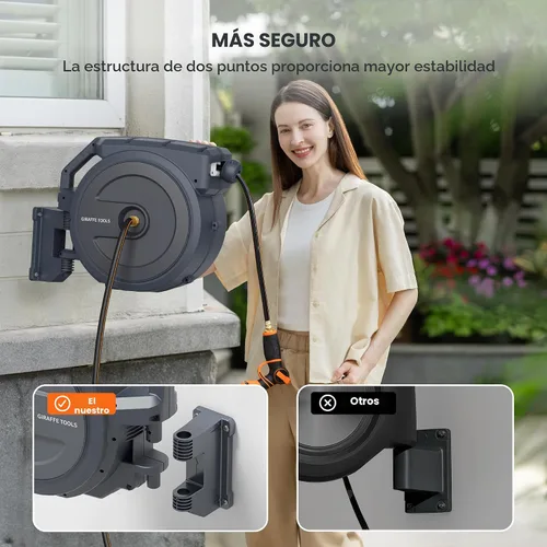 Vista 2 de Giraffe Tools Carrete de manguera de pared resistente, manguera retráctil de 5/8 pulgadas x 90 pies con rebobinado automático, giro de 180°, bloqueo