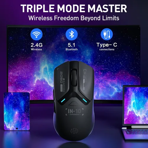 Vista 2 de INPHIC IN10P Superlight - Mouse inalámbrico para juegos, 2.12 oz, tasa de sondeo de 8K, 26,000 DPI, trimodo, sensor PAW3395, totalmente programable