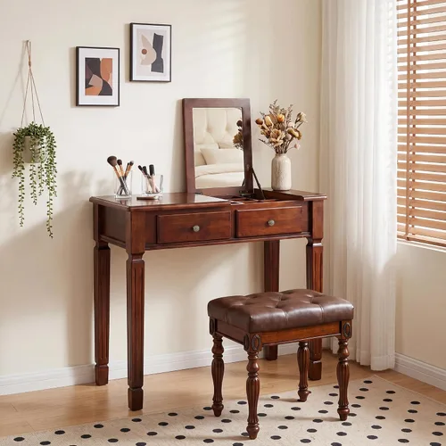 Vista 15 de Escritorio pequeño con juego de taburetes, mesa de tocador de maquillaje con espejo abatible y taburete tapizado, tocadores de madera maciza con 2