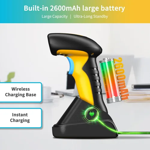 Vista 3 de NETUM Escáner de código de barras Bluetooth industrial QR, actualizado con base de carga, lector de código de barras inalámbrico 2D 1D 2600mAh