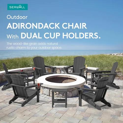 Vista 9 de SERWALL Silla Adirondack plegable, Silla Adirondack HDPE con textura de madera - gris