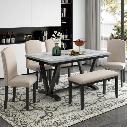 Vista 11 de LUMISOL 6-Piece Extendable Dining Table Set, Farmhouse Dining Room Set with 4 Chairs and Bench, 76 Inch Trestle Table with 18 Inch Removable Leaf