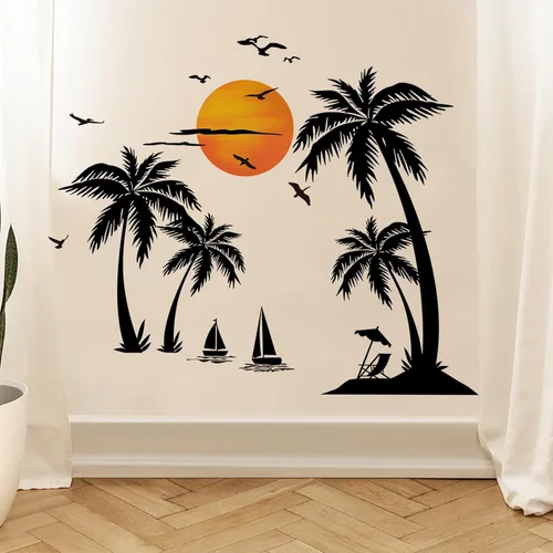 Vista 4 de Calcomanías de pared grandes de palmera negra, calcomanías de pared de pájaros tropicales de cocotero, mural de bosque para dormitorio, sala