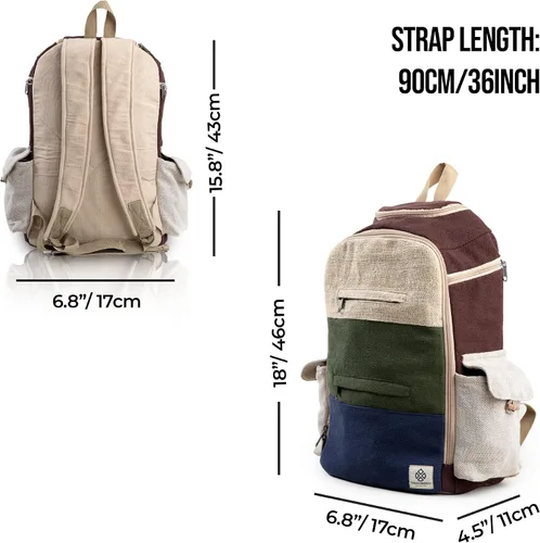 Vista 3 de Freakmandu - Mochila grande de cáñamo con 8 bolsillos funcionales, ecológica, unisex, rústica, duradera, mochila de día