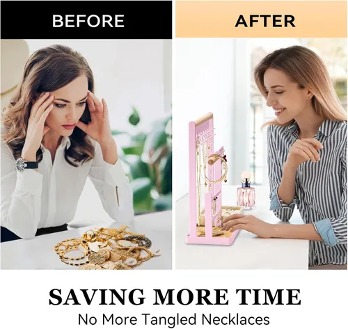 Vista 3 de Organizador de joyas con soporte de terciopelo para anillos, organizador de joyas de 4 niveles con 15 ganchos, organizador de collares y soporte