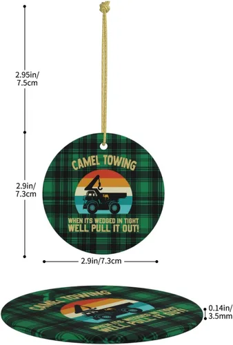 Vista 4 de Camel Towing When It's Wedged in Tight We'll Pull It Out Christmas Tree Hanging Ceramic Round Christmas Ornaments Home Decor Indoor Outdoor