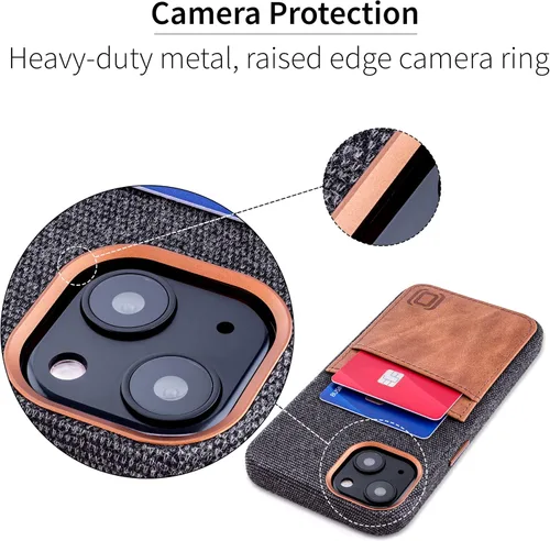 Vista 4 de Dockem Funda de tela para iPhone 13 con placa de metal integrada para montaje magnético, cartera de piel auténtica cosida con 2 ranuras para tarjeta