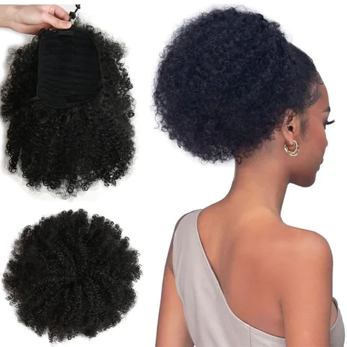 Vista 14 de Extensión de cola de caballo afro rizada encrespada con cordón para mujeres, cola de caballo afro con cordón, rizos encrespados sintéticos, piezas