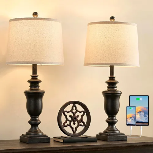 Vista 13 de SAIWEYA Juego de 2 lámparas de mesa de granja de 23 pulgadas, lámparas regulables de 3 vías con 2 bombillas LED e interruptor basculante, lámpara