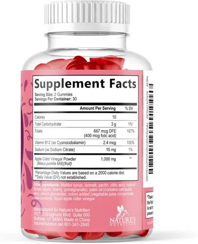 Vista 9 de Gomitas de vinagre de sidra de manzana, 1000 mg por porción, suplemento de vitaminas ACV sin azúcar, vitamina B12 y B6 para energía, soporte