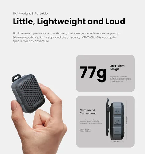 Vista 5 de INSMY Altavoces Bluetooth portátiles, impermeabilidad IP67, altavoz personal pequeño portátil con clip, sonido limpio, par estéreo, inalámbrico