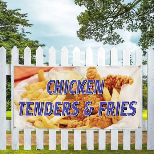 Vista 5 de Vinyl Banner Multiple Sizes Chicken Tenders & Fries Restaurant Cafe Restaurant & Food Outdoor Weatherproof Industrial Yard Signs White 4 Grommets