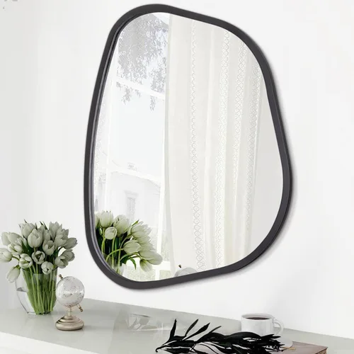 Vista 15 de Espejo asimétrico para pared, marco de madera ovalado irregular, moderno, único, espejo de pared decorativo para baño, sala de estar, dormitorio
