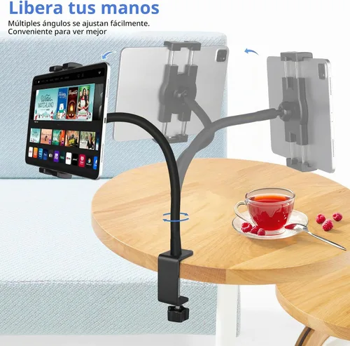 Vista 5 de Soporte para iPad de cuello de cisne, soporte de abrazadera para tableta, escritorio, mesa, cama, silla, atril, brazo ajustable de 360° para cocina